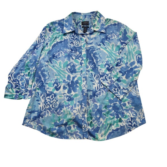 Chaps Classics Women's 1X Button Down 3/4 Sleeve Blue Floral Print No Iron Shirt - Picture 1 of 7